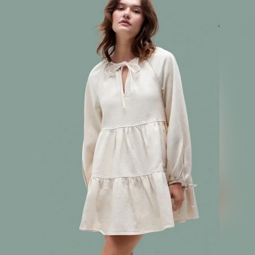 En Saison heavy denim tiered babydoll dress, Size Large in Ecru